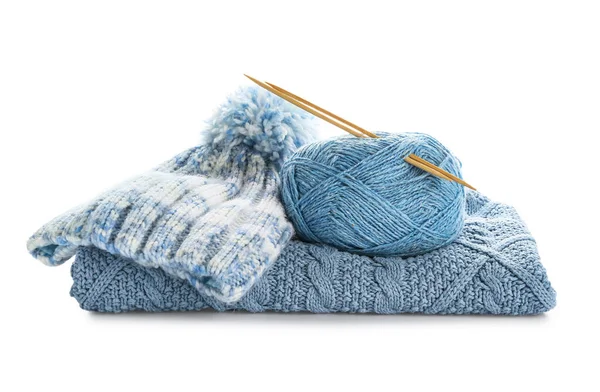 Yarn Knitting Needles Hat Sweater White Background — Stock Photo, Image