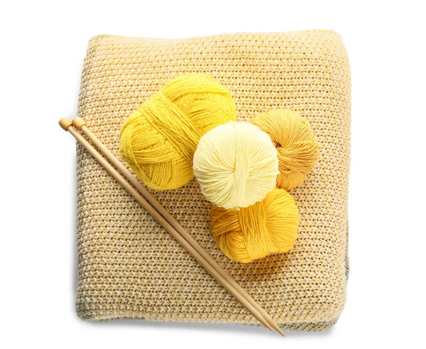 Yarn Knitting Needles Plaid White Background — Stock Photo, Image