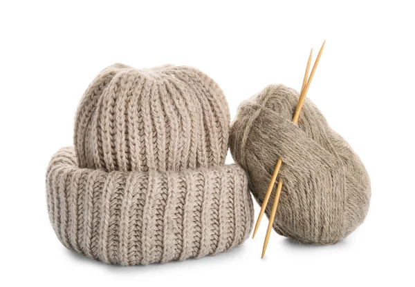 Yarn Knitting Needles Hat White Background — Stock Photo, Image