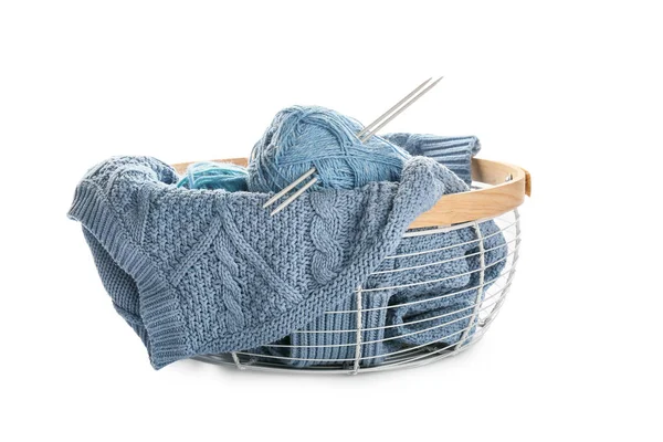 Basket Knitting Yarn Sweater White Background — Stock Photo, Image