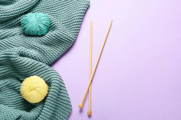 Yarn Knitting Needles Plaid Color Background — Stock Photo, Image
