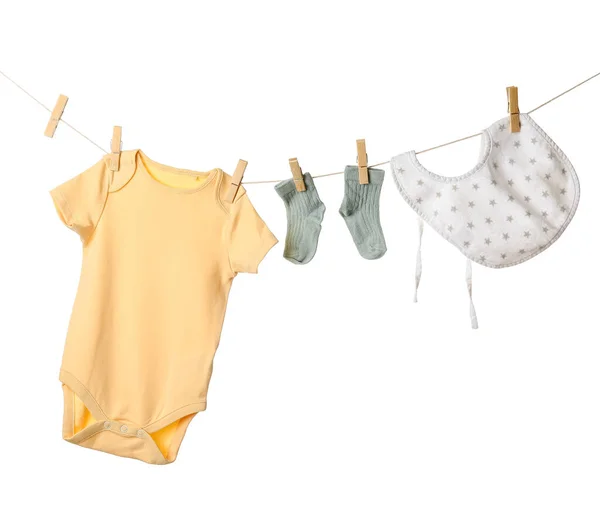 Baby Clothes Bib Hanging Rope White Background — Stock Photo, Image