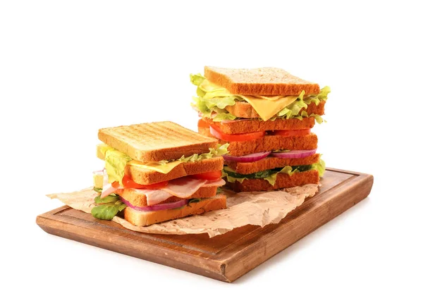 Tafel Mit Leckeren Sandwiches Auf Weißem Hintergrund — Stockfoto