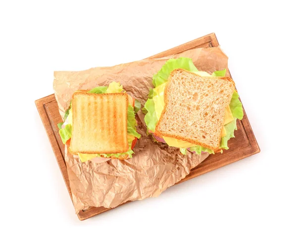 Tafel Mit Leckeren Sandwiches Auf Weißem Hintergrund — Stockfoto