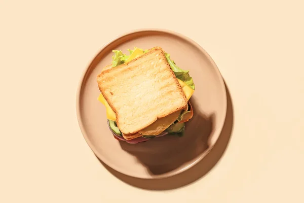 Plate Tasty Sandwich Color Background — Stock Photo, Image
