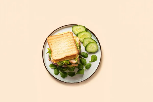 Πιάτο Νόστιμο Σάντουιτς Στο Φόντο Χρώμα — Φωτογραφία Αρχείου