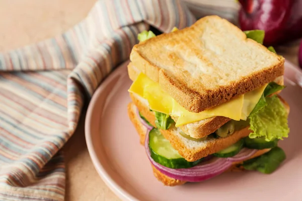 Plate Tasty Sandwich Color Background Closeup — Stock Photo, Image