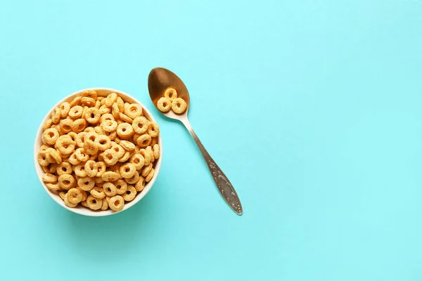 Bowl Tasty Cereal Rings Spoon Color Background — Stock Photo, Image