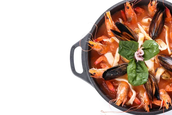 Pot Sup Cacciucco Lezat Latar Belakang Putih Closeup — Stok Foto