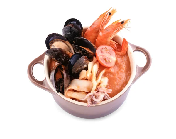 Pot Sup Cacciucco Lezat Latar Belakang Putih — Stok Foto