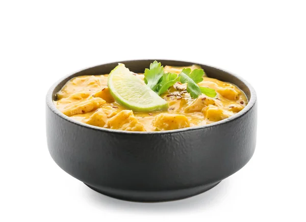 Schaal Van Smakelijke Kip Curry Witte Achtergrond — Stockfoto