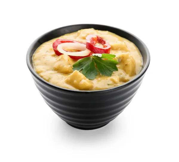 Bowl Tasty Chicken Curry White Background — Stock Photo, Image