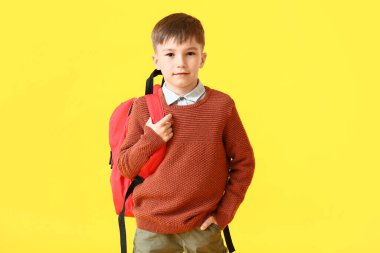 Renkli sırt çantalı küçük okul çocuğu.