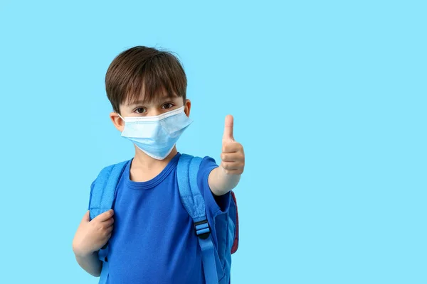 Little Schoolboy Medical Mask Showing Thumb Color Background — Stock Photo, Image