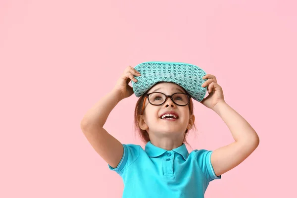 Little Girl Pencil Case Color Background — Stock Photo, Image