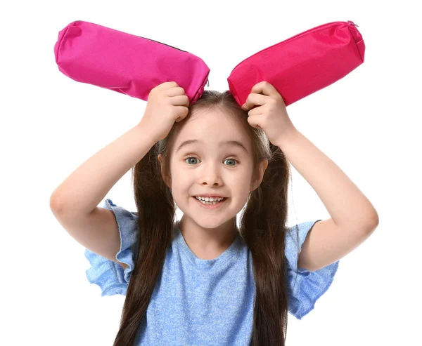 Little Girl Pencil Cases White Background — Stock Photo, Image