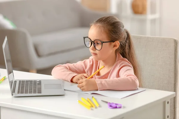 Little Schoolgirl Doing Lessons Online Home — Stock Photo, Image