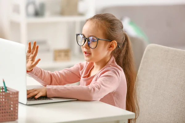 Little Schoolgirl Studying Online Home — Stock Photo, Image