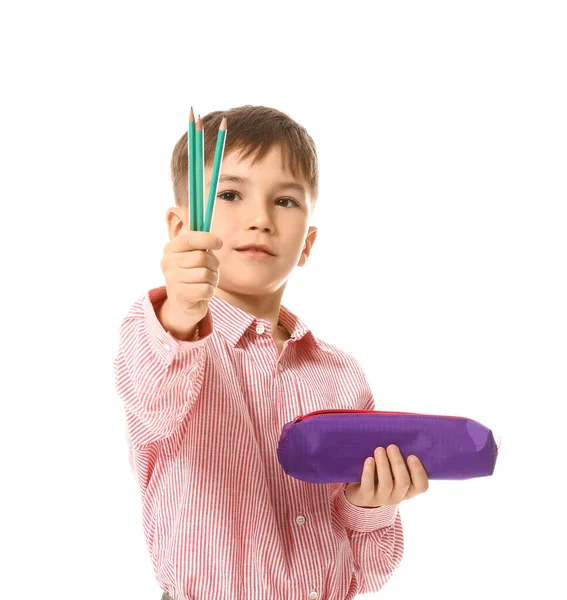 Kleiner Junge Mit Bleistift Und Etui Auf Weißem Hintergrund — Stockfoto