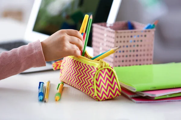 Little Schoolgirl Pencil Case Home Closeup — Stock Photo, Image