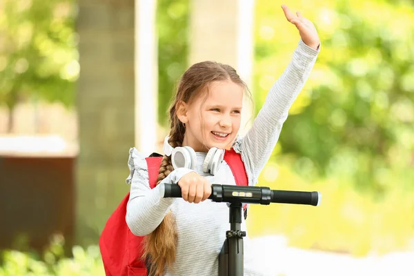Little Schoolgirl Scooter Outdoors — Stock Photo, Image