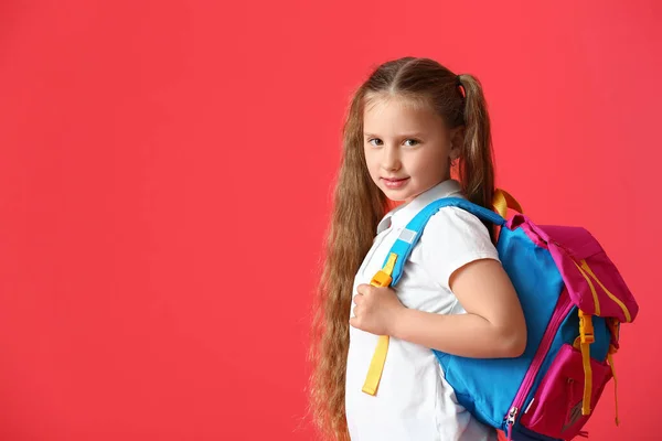 Little Schoolgirl Backpack Color Background — Stock Photo, Image