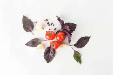 Beyaz arka planda taze fesleğen, sarımsak ve domates.
