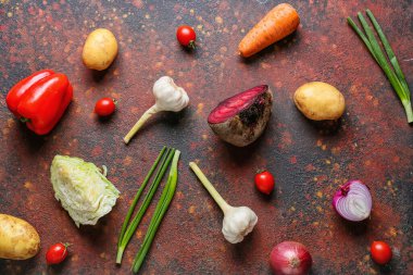 Grunge arkaplanı üzerine lezzetli borş hazırlamak için gerekenler