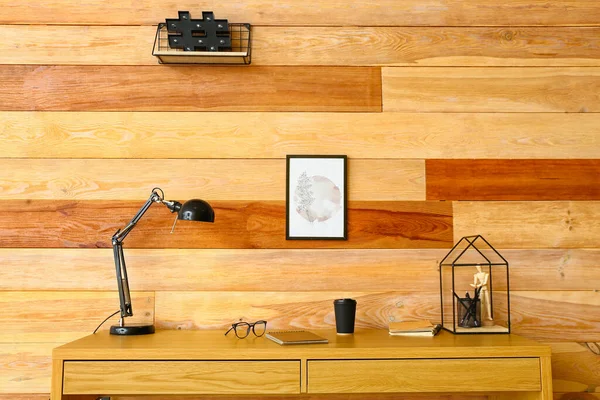 Modern Workplace Wooden Wall — Stock Photo, Image