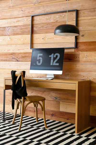 Modern Workplace Computer Wooden Wall — Stock Photo, Image