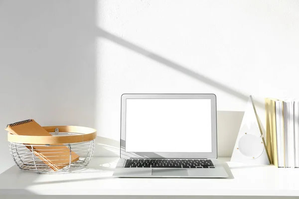 Modern Workplace Laptop Light Wall — Stock Photo, Image