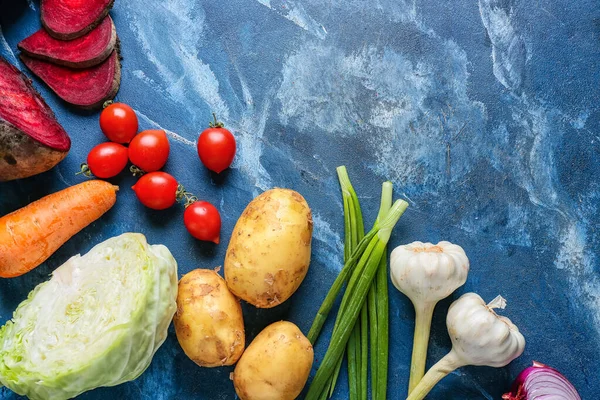 Ingredients Preparing Tasty Borscht Color Background — Stock Photo, Image