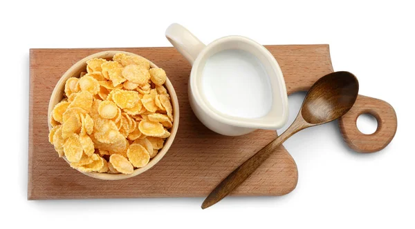 Bowl Tasty Cornflakes Jug Milk White Background — Stock Photo, Image