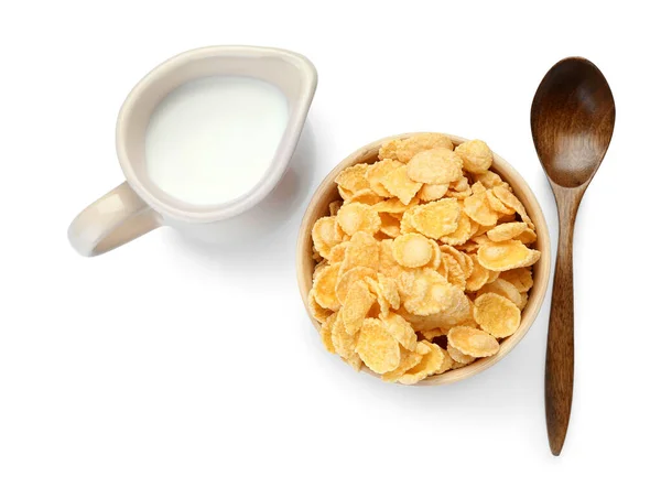Ciotola Con Gustosi Cornflakes Brocca Latte Sfondo Bianco — Foto Stock