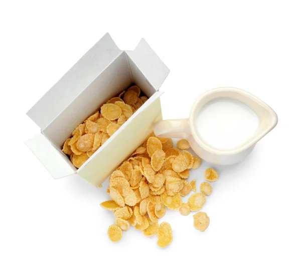 Box Tasty Cornflakes Jug Milk White Background — Stock Photo, Image