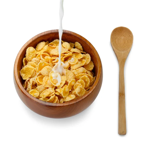 Pouring Milk Bowl Tasty Cornflakes White Background — Stock Photo, Image