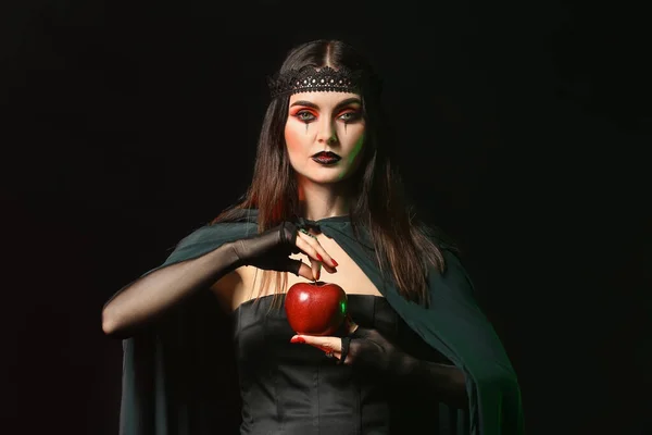 Young Witch Apple Dark Background — Stock Photo, Image