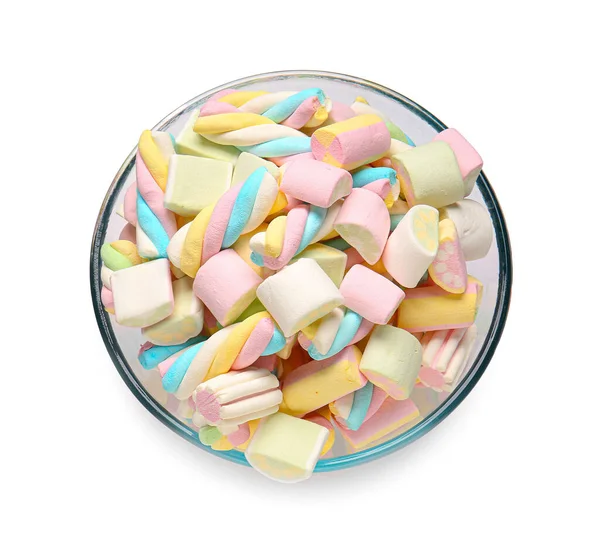 Glazen Schaal Met Lekkere Marshmallows Witte Achtergrond — Stockfoto