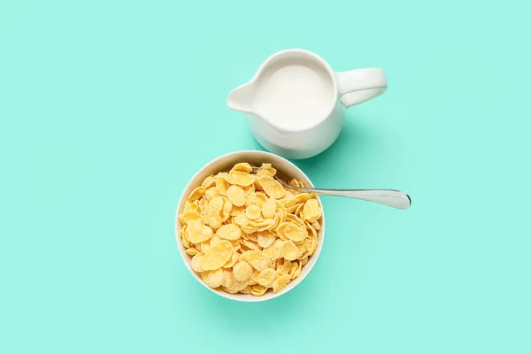 Bowl Tasty Cornflakes Jug Milk Color Background — Stock Photo, Image