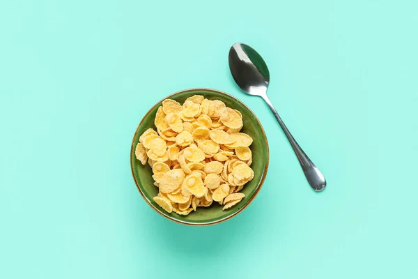 Bowl Tasty Cornflakes Spoon Color Background — Stock Photo, Image