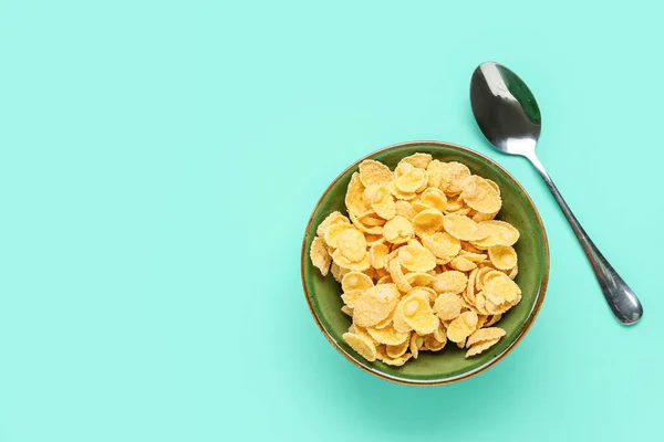 Bowl Tasty Cornflakes Spoon Color Background — Stock Photo, Image