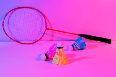 Badminton raketi ve renkli arka planda mekik horozları