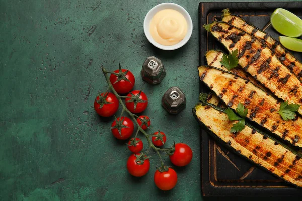 Composition Tasty Grilled Zucchini Color Background Closeup — Stock Photo, Image