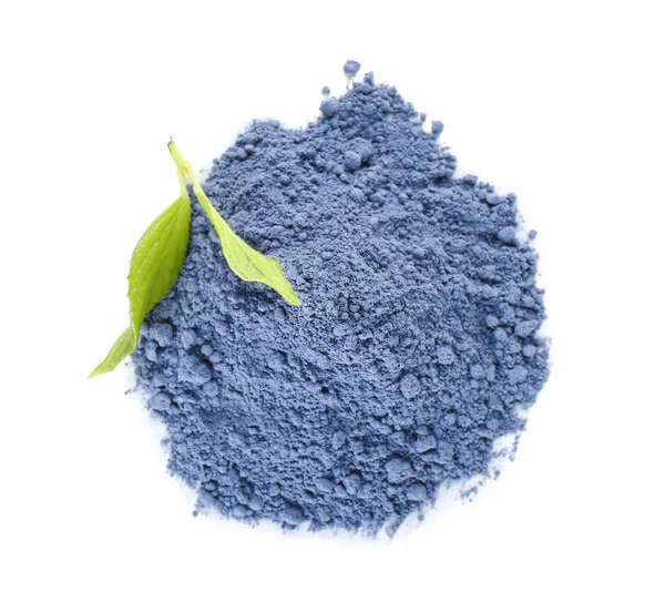 Heap Powdered Blue Matcha Tea Fresh Leaves White Background — Stock Photo, Image