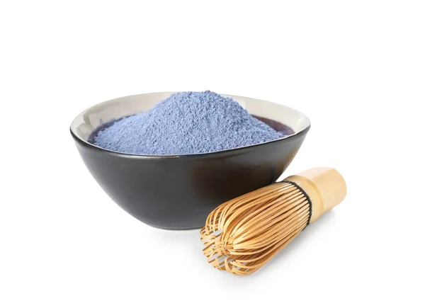 Bowl Powdered Blue Matcha Tea Chasen White Background — Stock Photo, Image