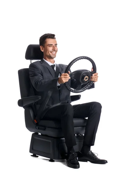 Επιχειρηματίας Κάθισμα Αυτοκινήτου Και Τιμόνι Λευκό Φόντο — Φωτογραφία Αρχείου
