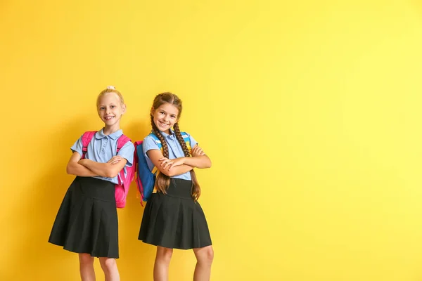 Cute Schoolgirls Color Background — Stock Photo, Image