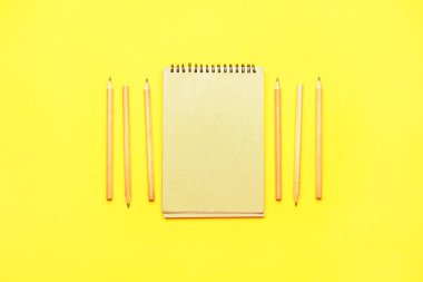 Renkli arka planda kalemleri olan defter