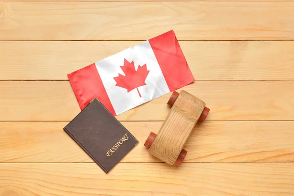 Flag Canada Passport Car Figure Wooden Background — Stock Photo, Image