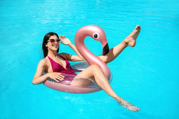 Young Woman Inflatable Ring Swimming Pool — Stock Photo, Image